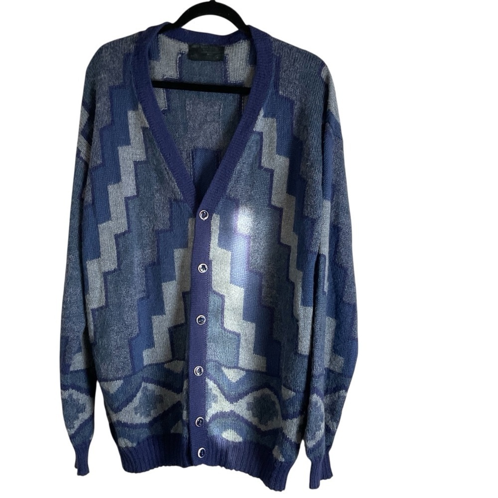 Vintage Baby Alpaca Cardigan Blue Aztec Geometric Pattern Made in Peru xl
